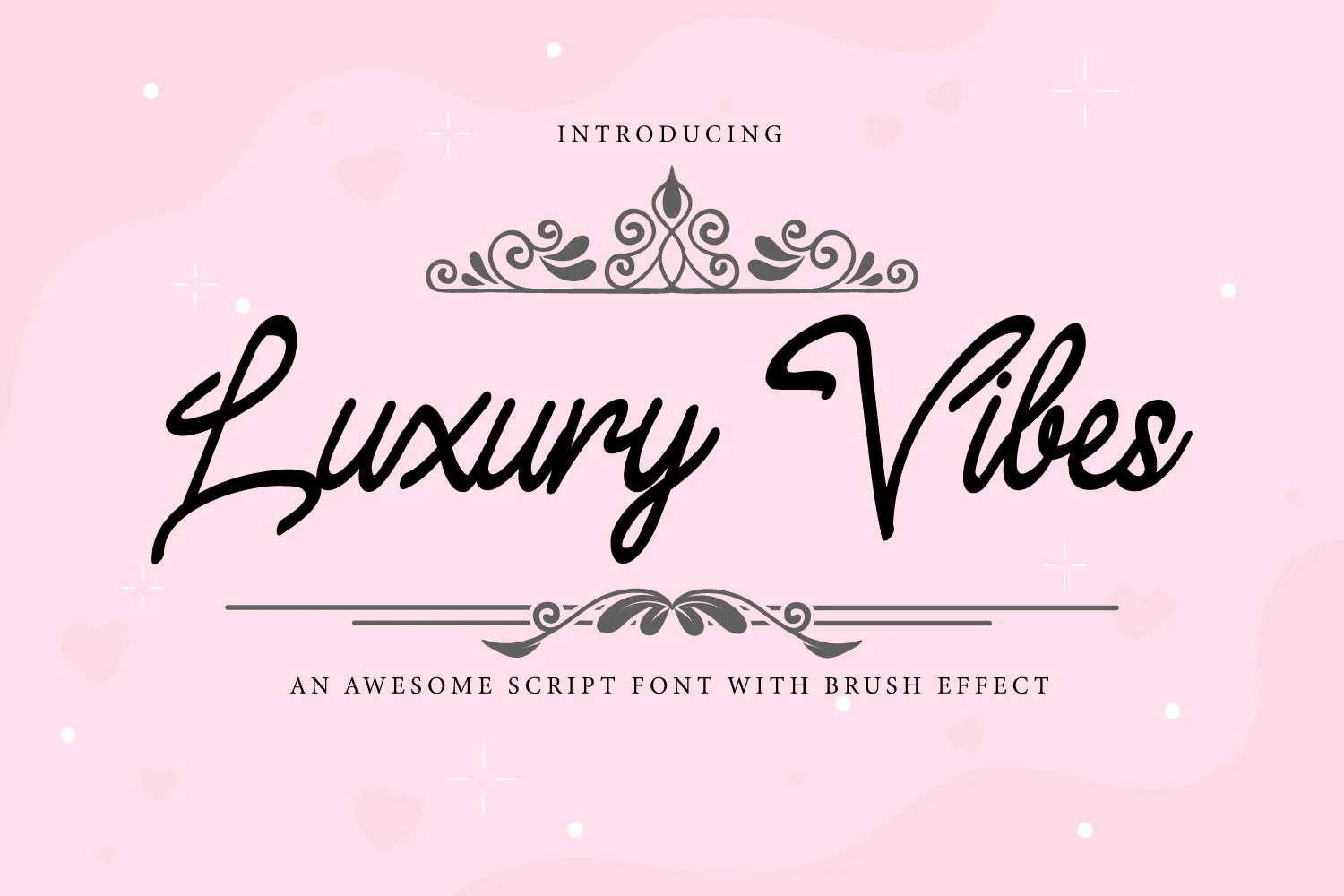 Luxury Vibes Font preview in black flowing script with looping capitals and soft brush-style strokes