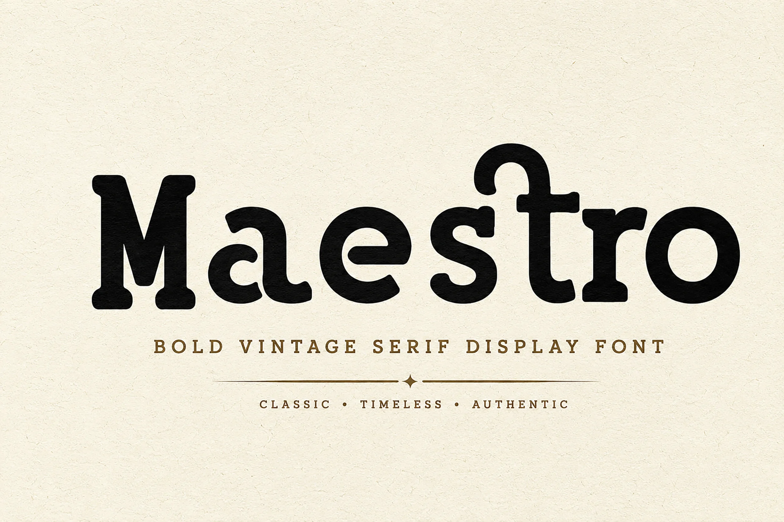 Maestro Font preview with bold black vintage serif lettering and rounded slab-like serifs