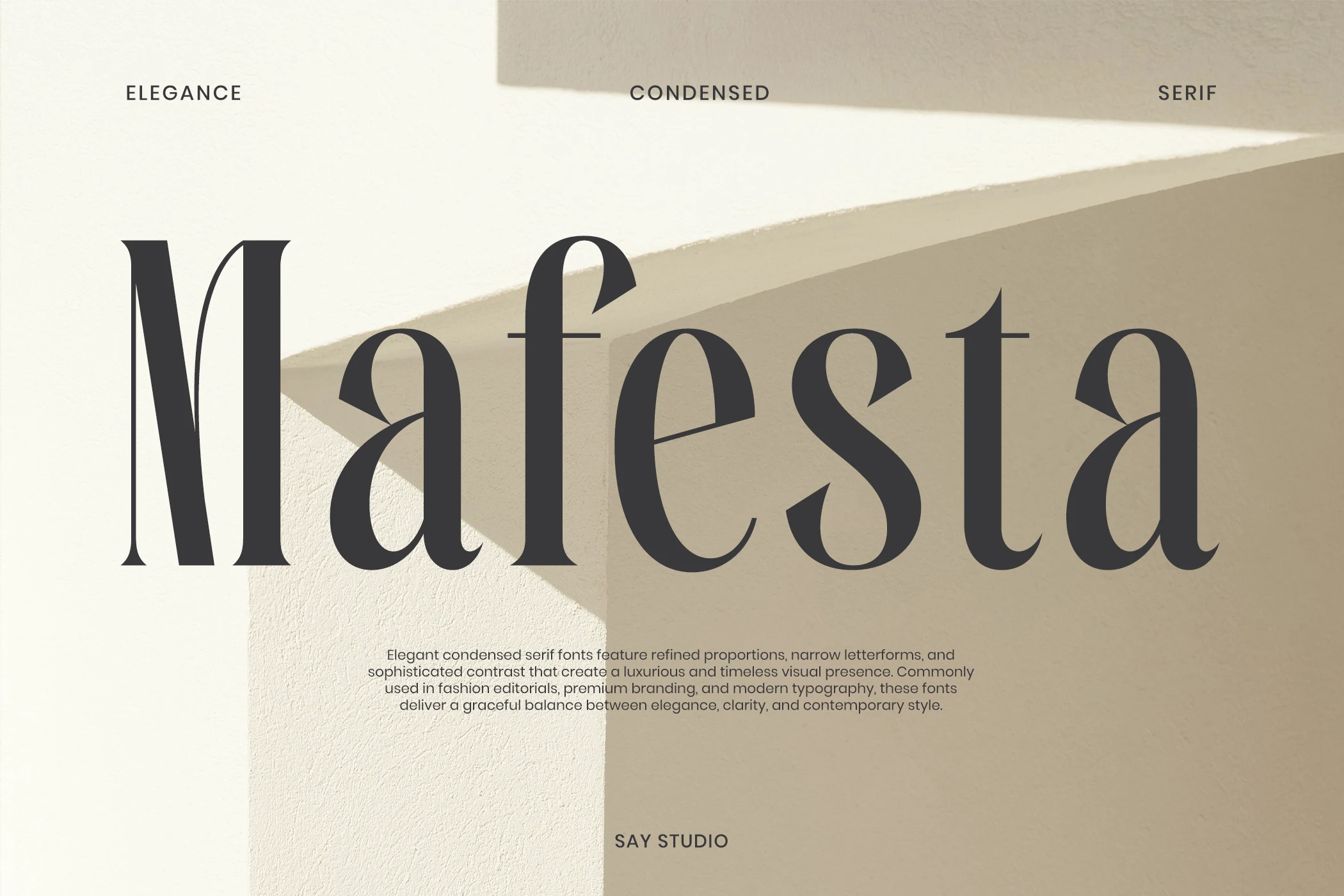 Mafesta Font preview with elegant condensed serif lettering, high contrast strokes, and slender shapes