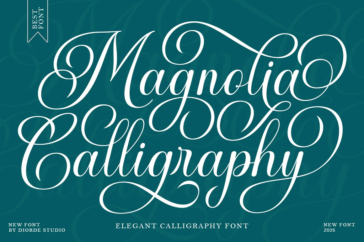 Magnolia Calligraphy Font preview in elegant white copperplate script with high-contrast strokes and ornate swashes