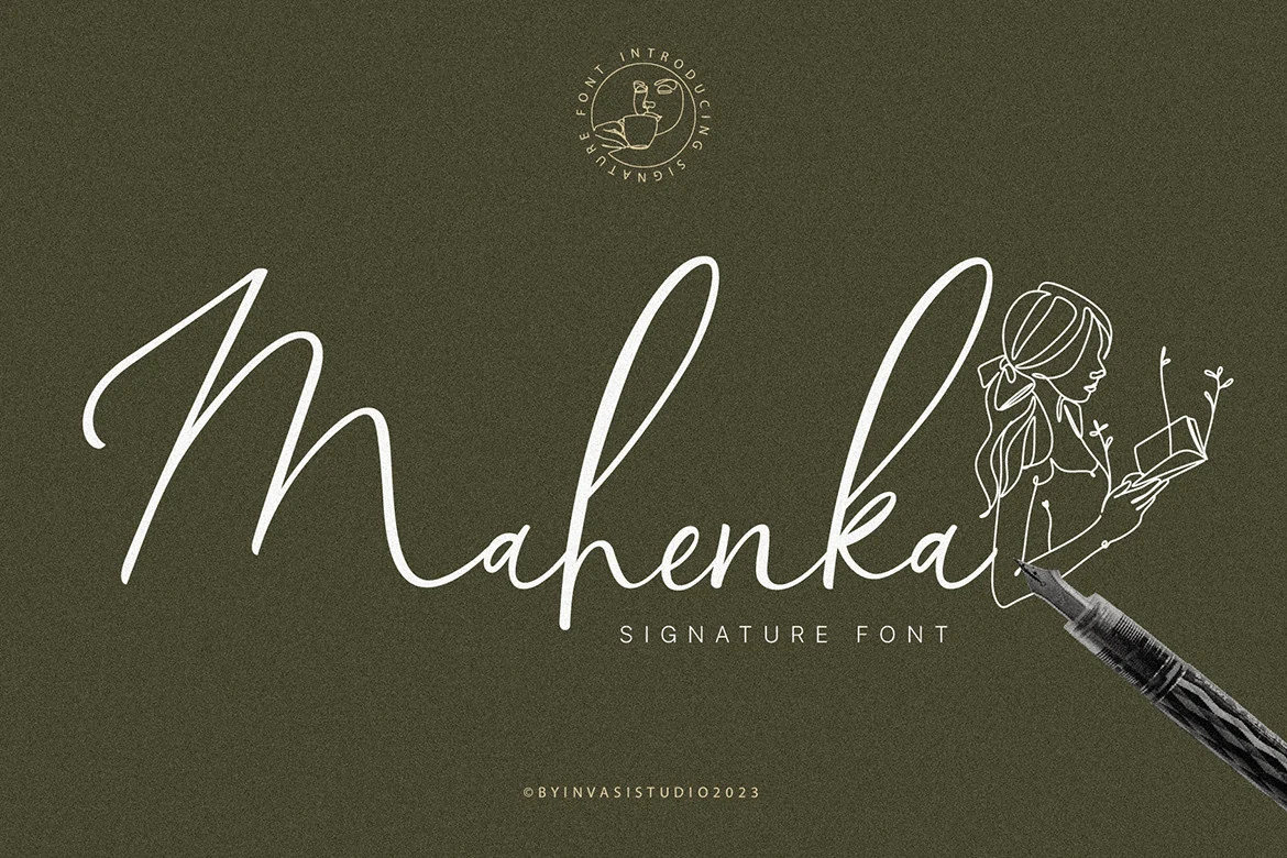 Mahenka Font preview with white signature script, extra-tall uppercase strokes, and thin handwritten lines