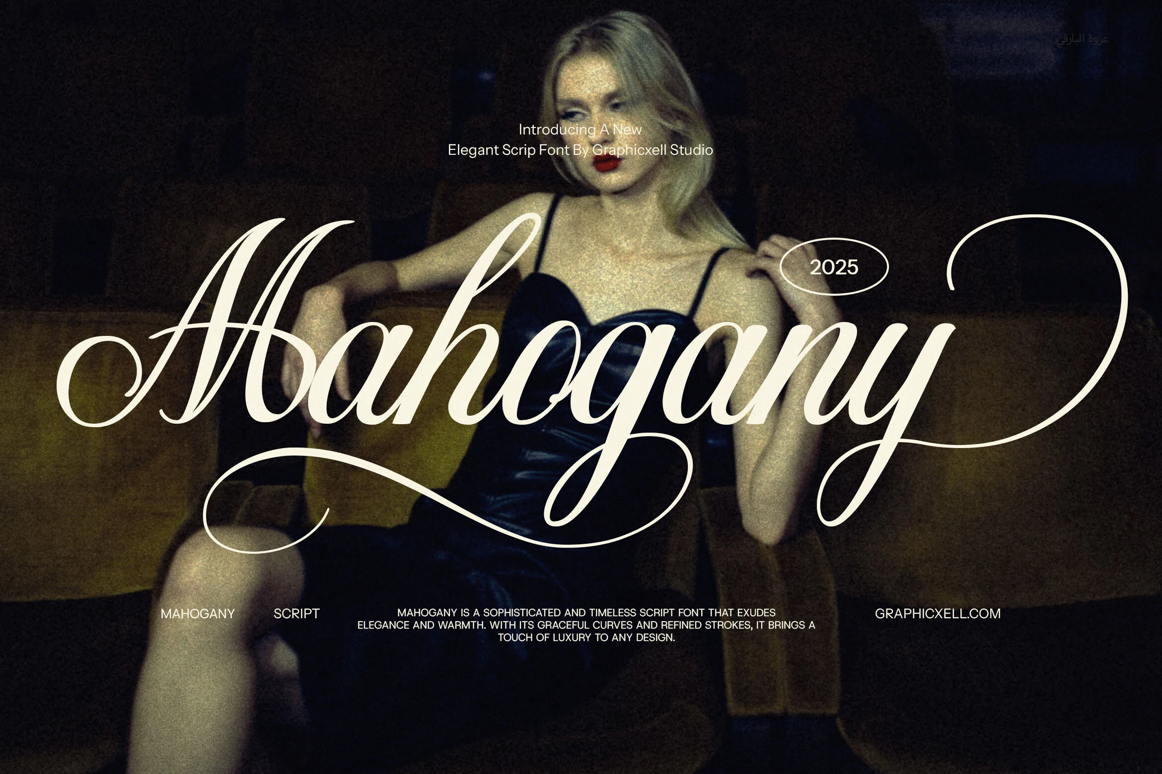 Mahogany Font preview in elegant cream script with long swashes and delicate calligraphic curves