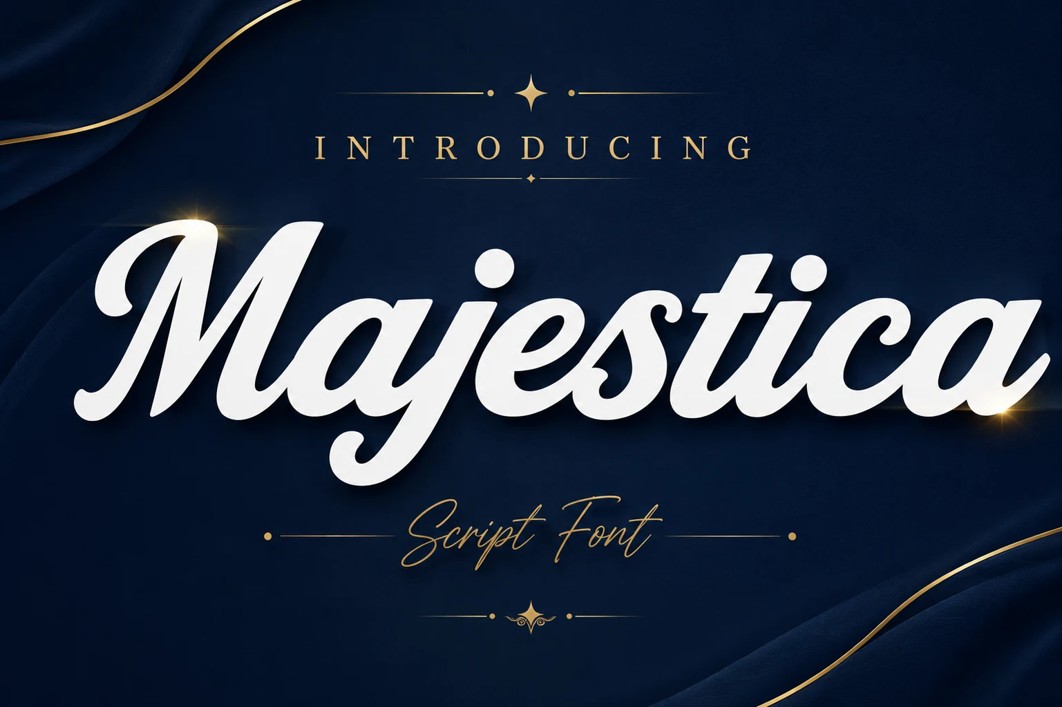 Majestica Font preview in bold white script lettering with smooth curves and elegant swashes