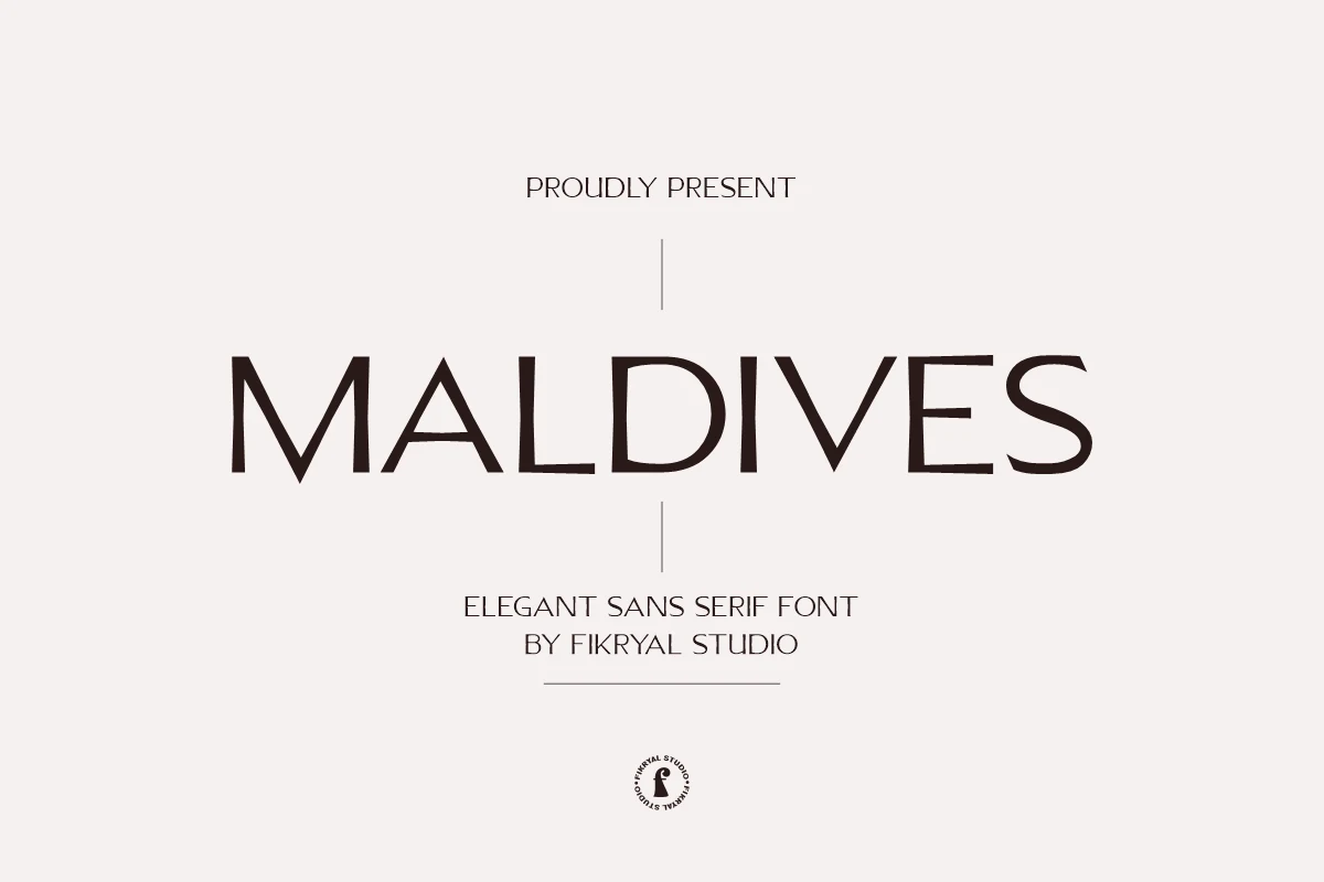Maldives Font preview with dark brown all-caps sans serif lettering and slender elegant letterforms