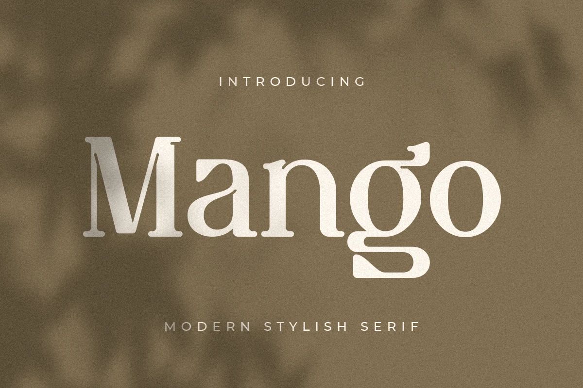 Mango Font preview with soft cream serif lettering and a distinctive long g descender