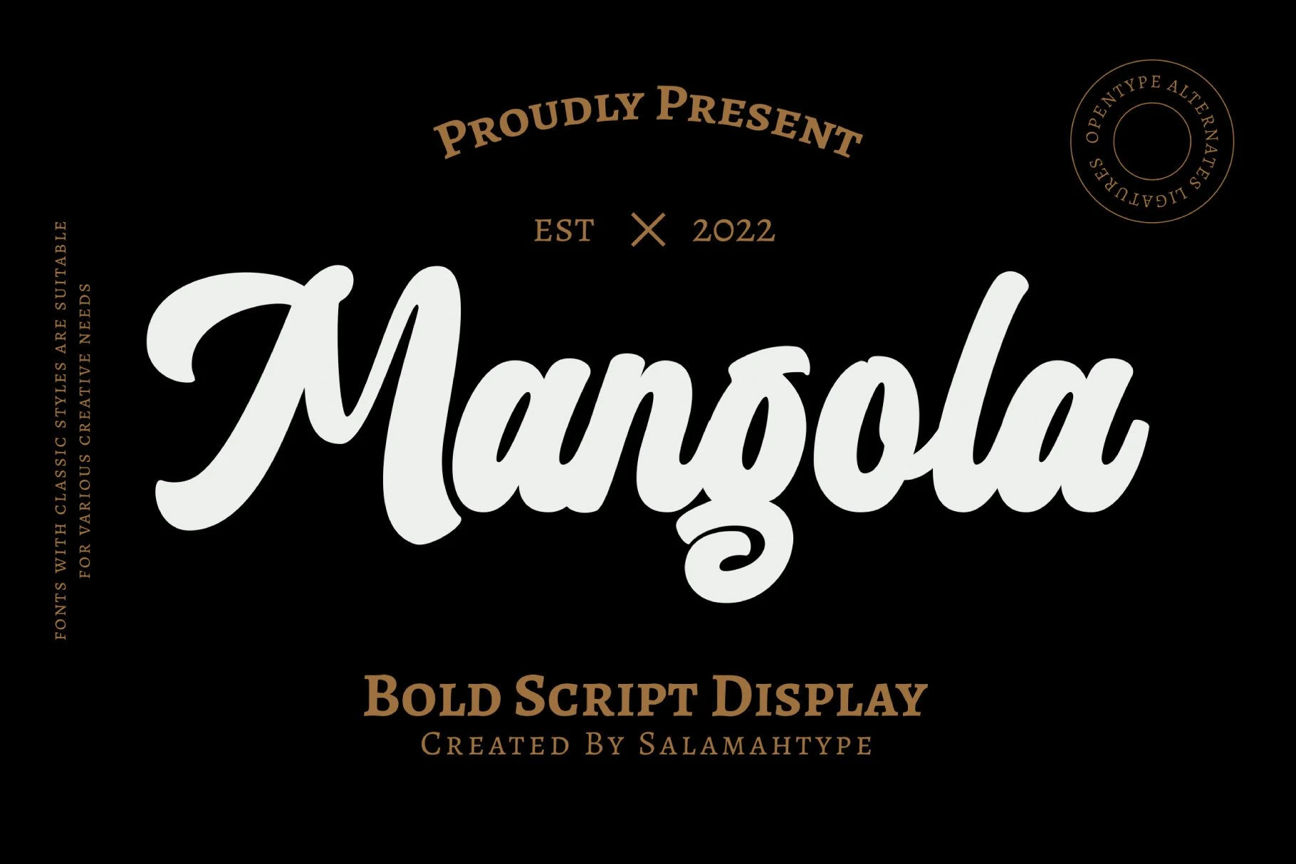Mangola Font preview with white bold script, rounded strokes, and curled descender