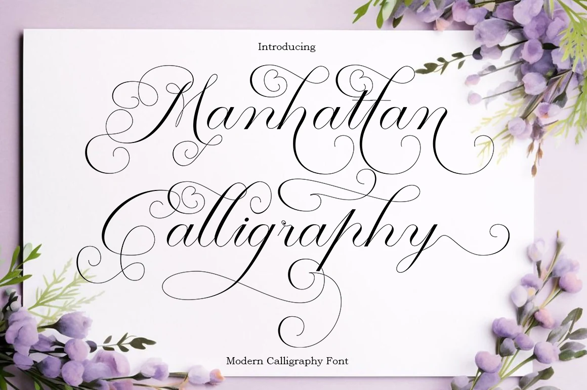 Manhattan Calligraphy Font preview in ornate black script with thin curls and looping swashes
