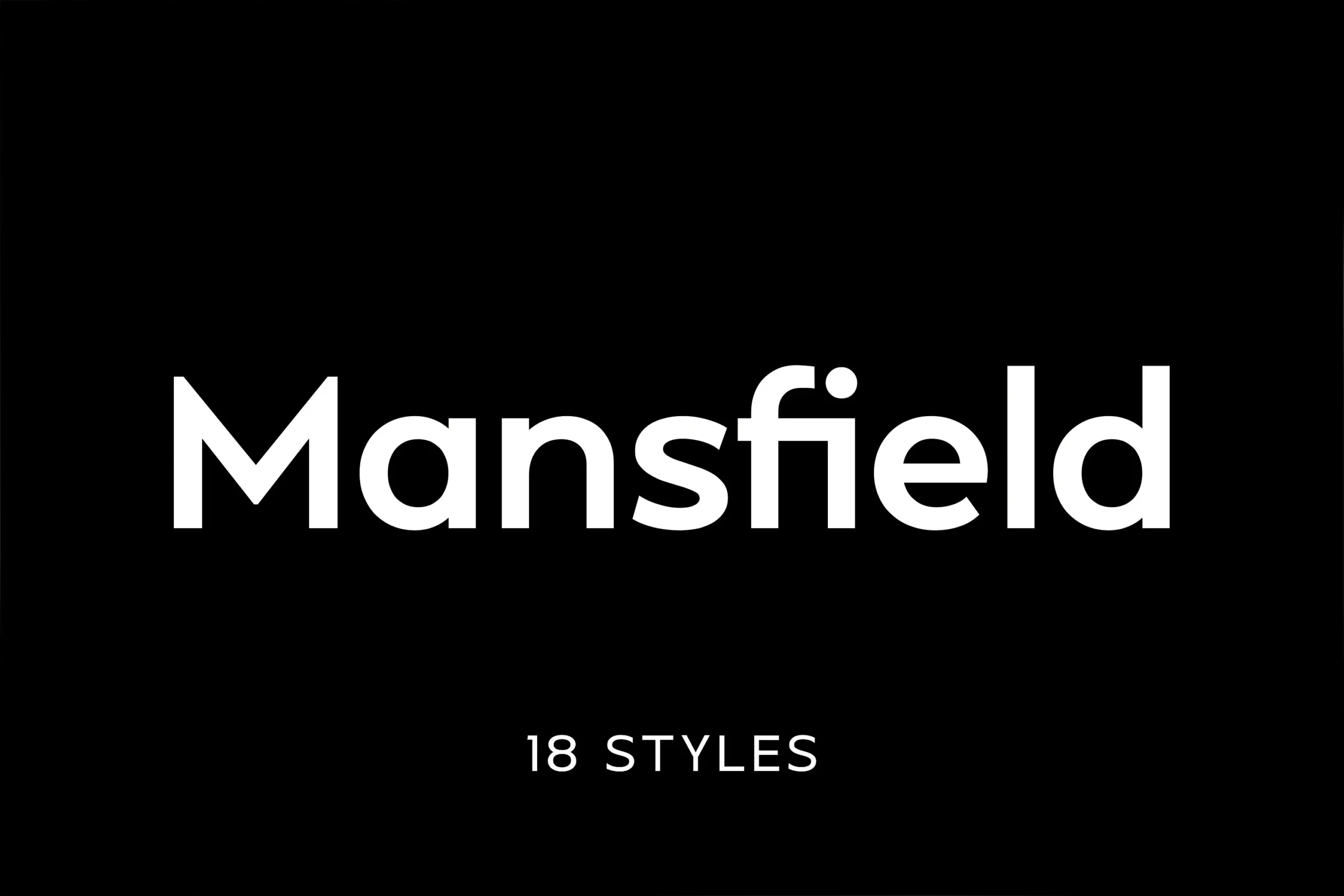 Mansfield Font preview with bold geometric sans serif lettering in white on black