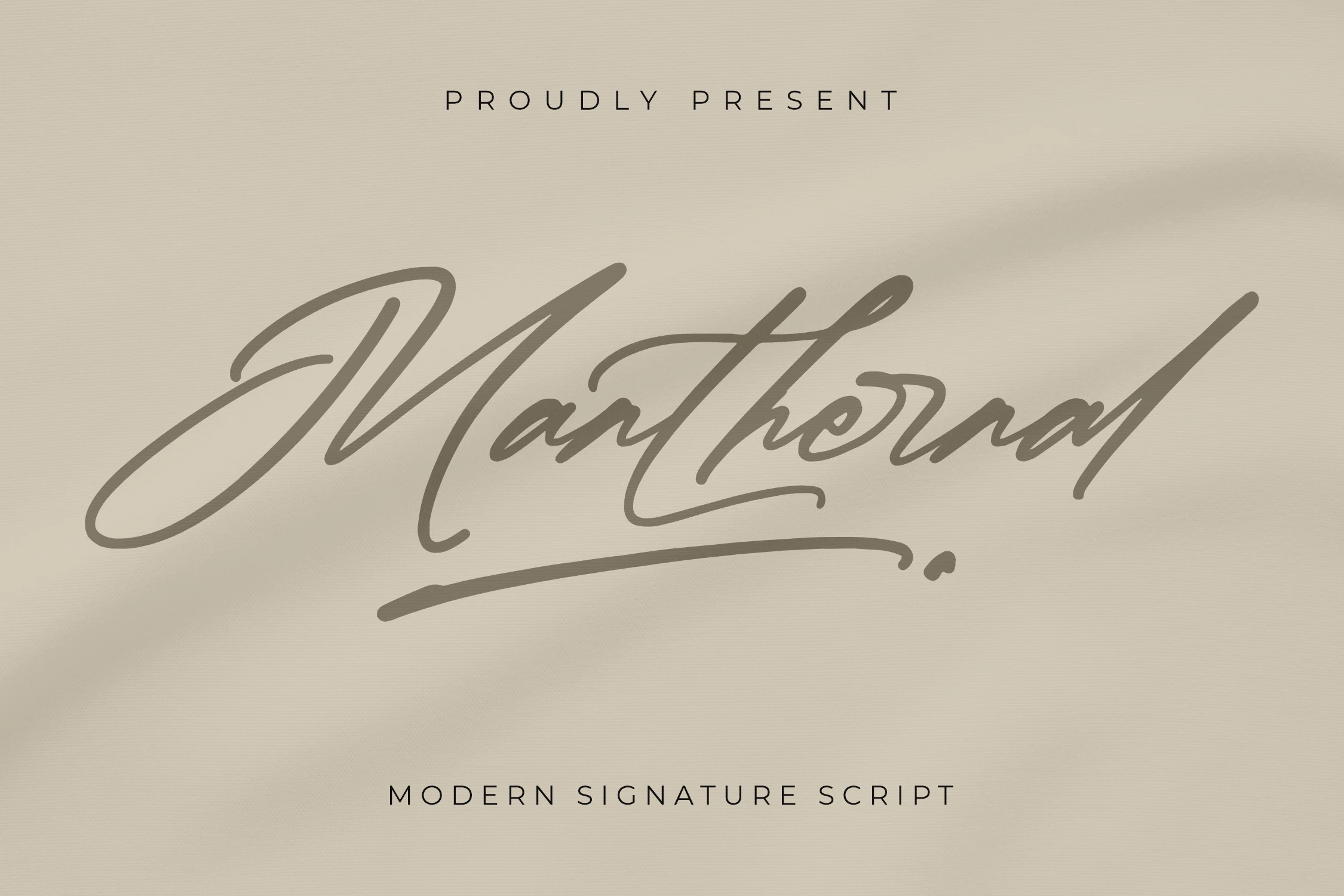 Manthernal Font preview with gray modern signature script, sweeping capital M, and long underline