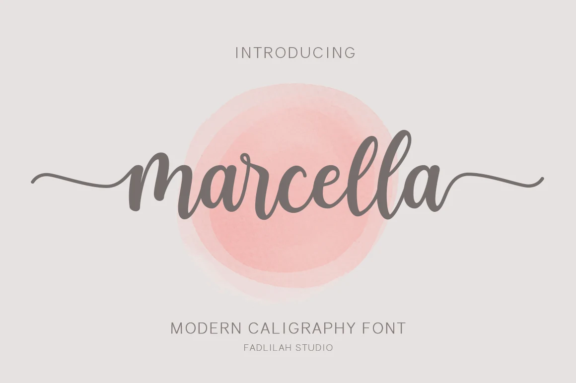 Marcella Font preview with gray modern script lettering and long horizontal swashes