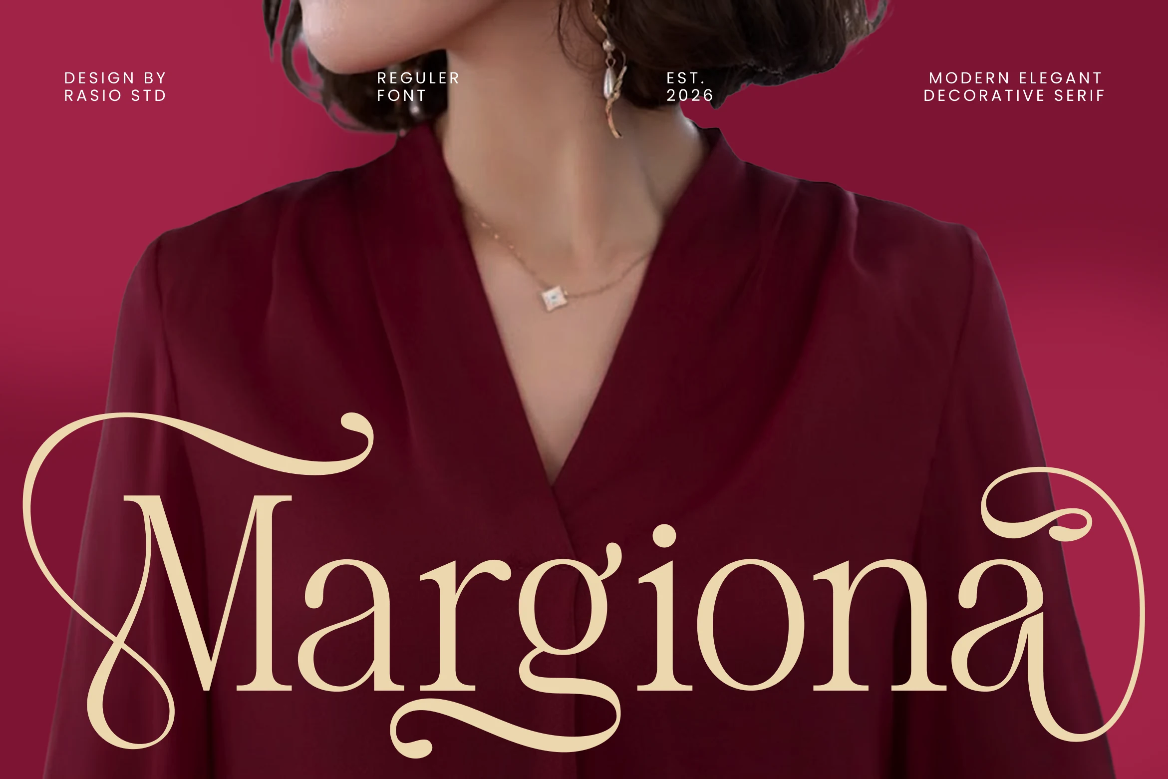 Margiona Font preview with cream decorative serif lettering and dramatic swash flourishes