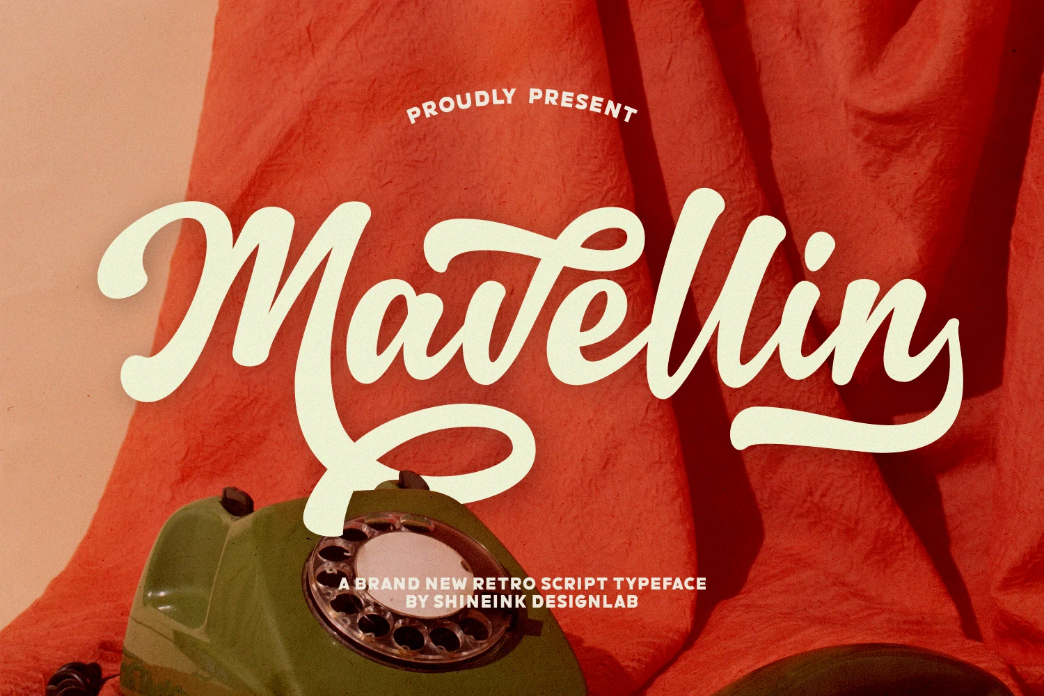 Mavellin Font preview with cream retro script lettering, smooth curves, and long swashes