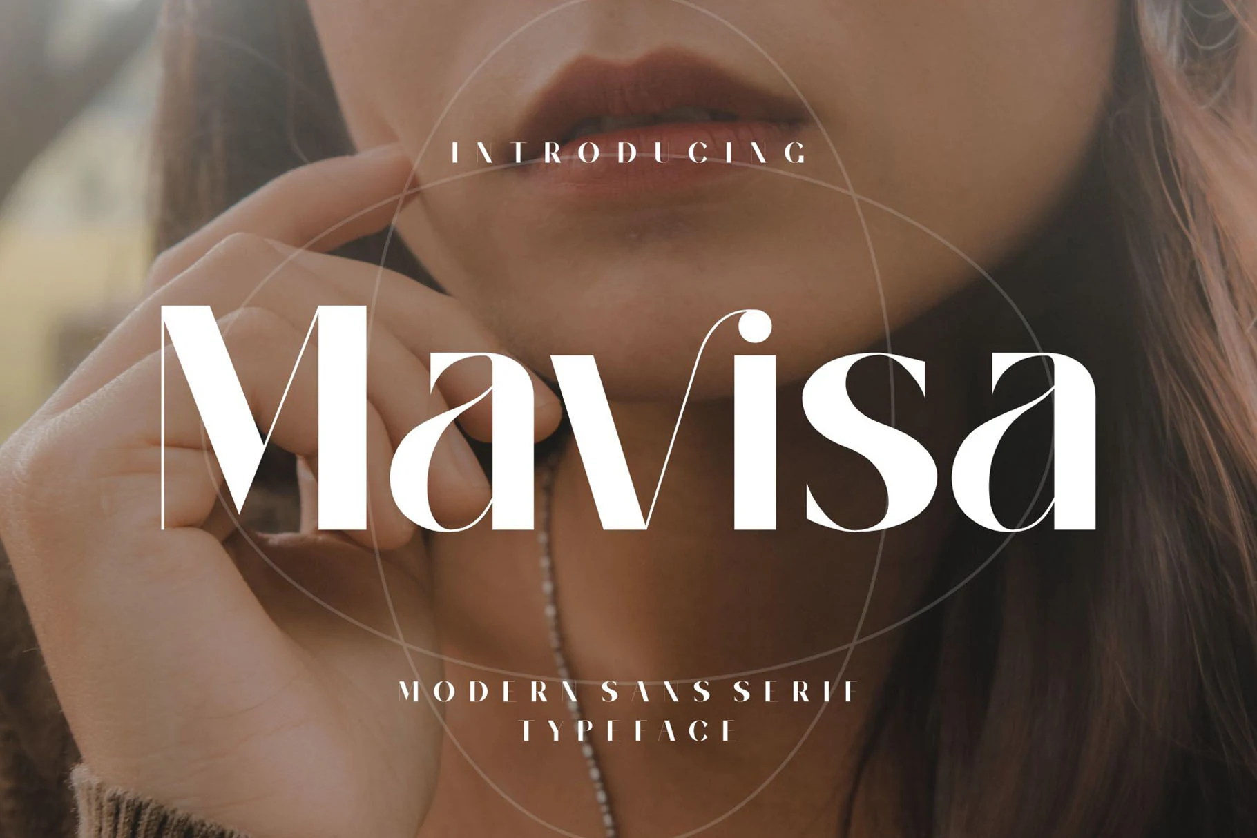 Mavisa Font preview in bold white elegant lettering over a warm portrait background