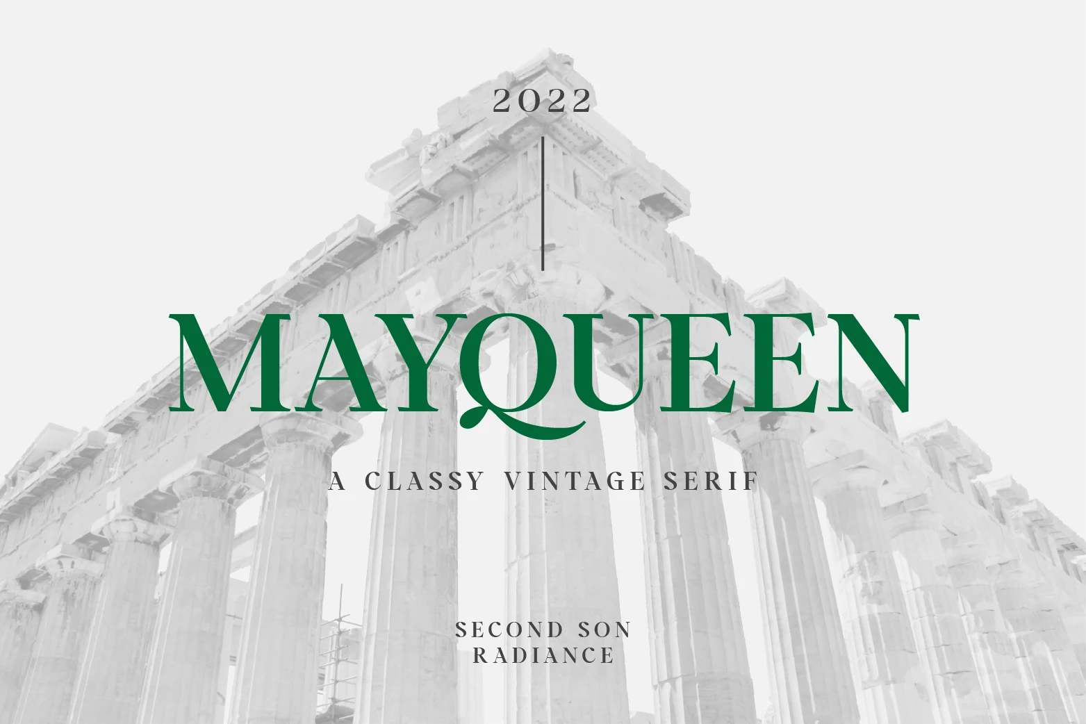 Mayqueen Font preview with elegant green vintage serif lettering and a swashed Q