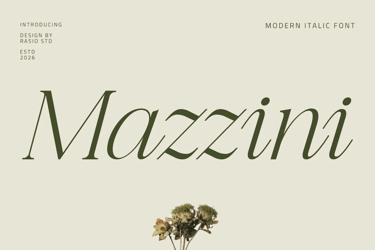 Mazzini Font elegant italic serif preview with sage green high-contrast letterforms