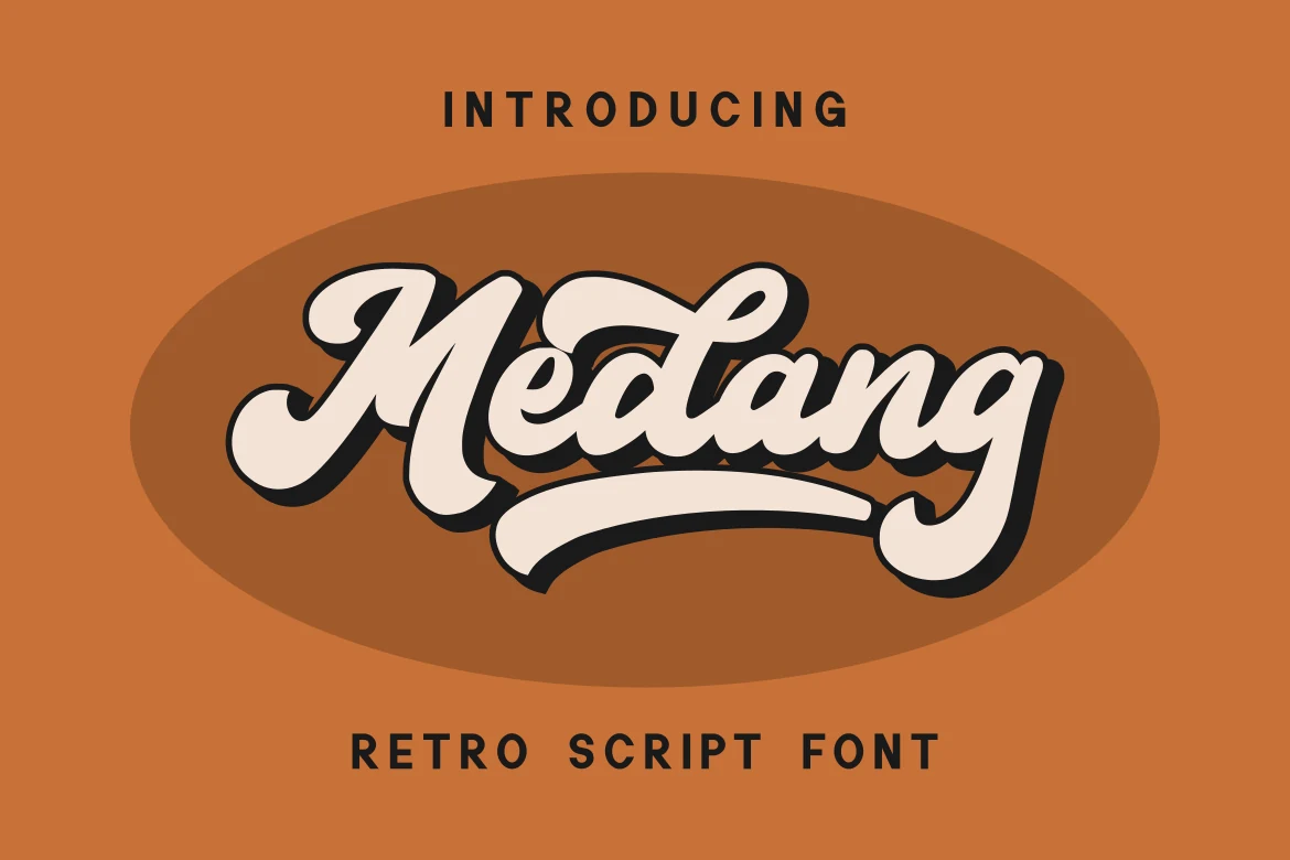Medang Font preview with cream bold retro script, black shadow, and sweeping underline