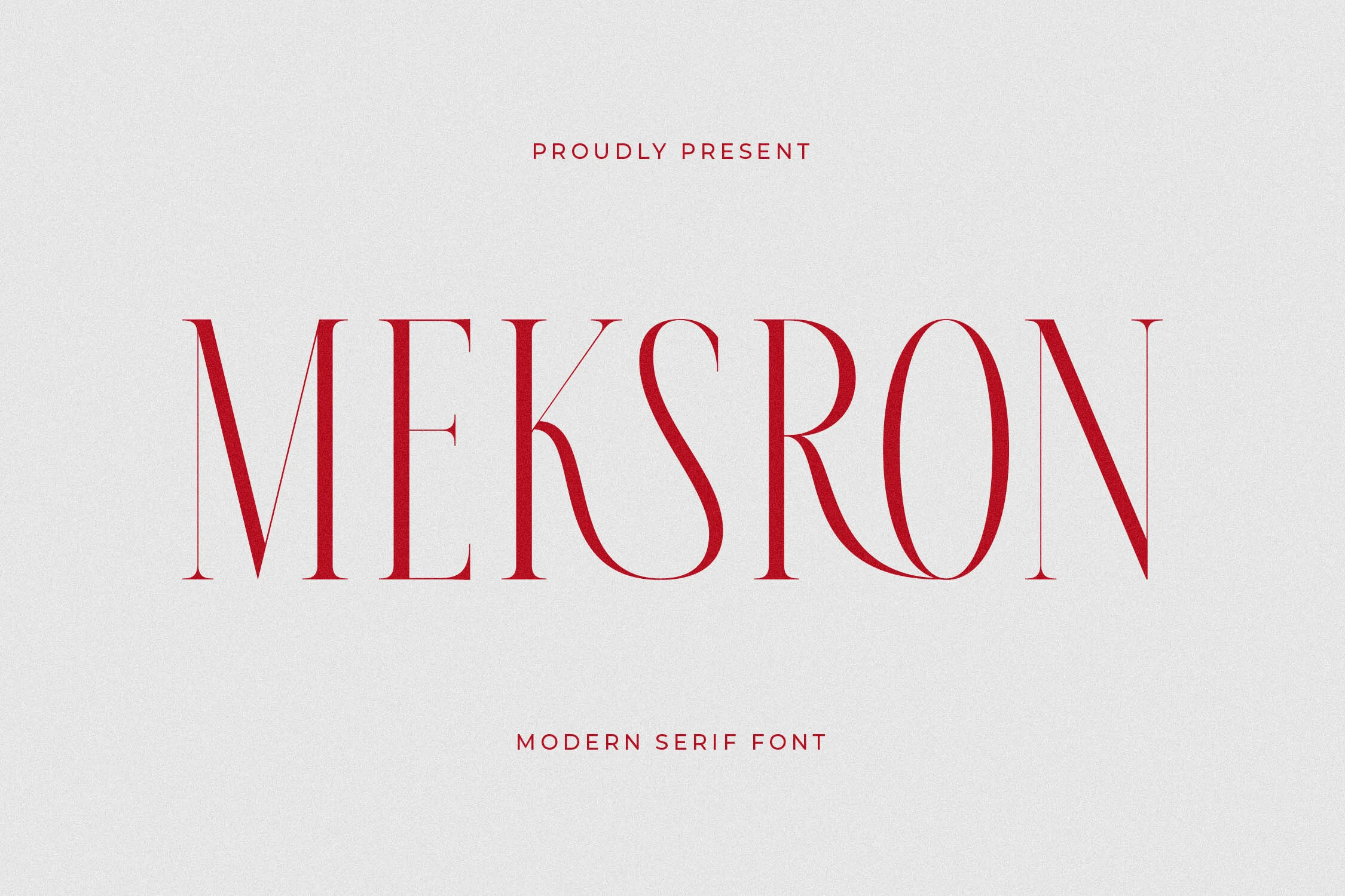 Meksron Font preview in red modern serif capitals with high-contrast strokes on a white background