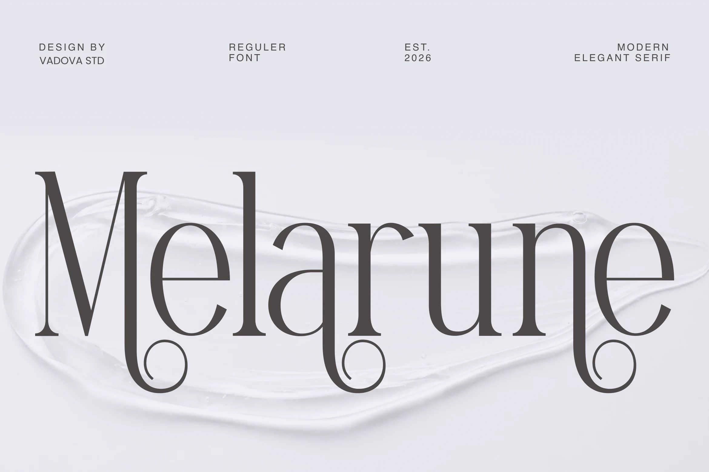 Melarune Font preview with high-contrast elegant serif letters and curled ornamental terminals