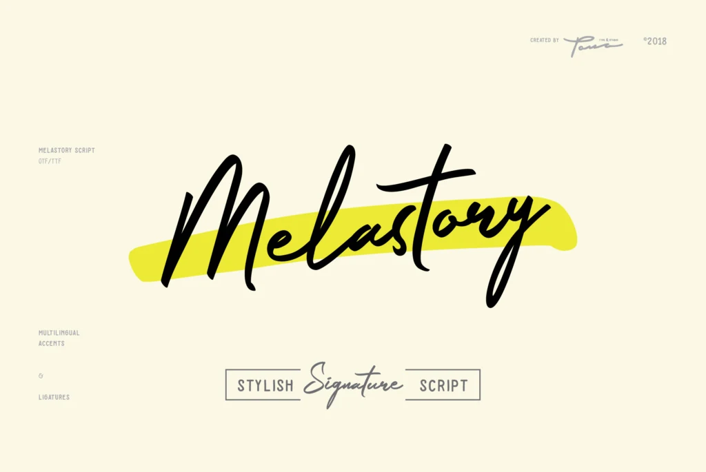 Melastory Script Font black signature script lettering with tall strokes and compact connected letters