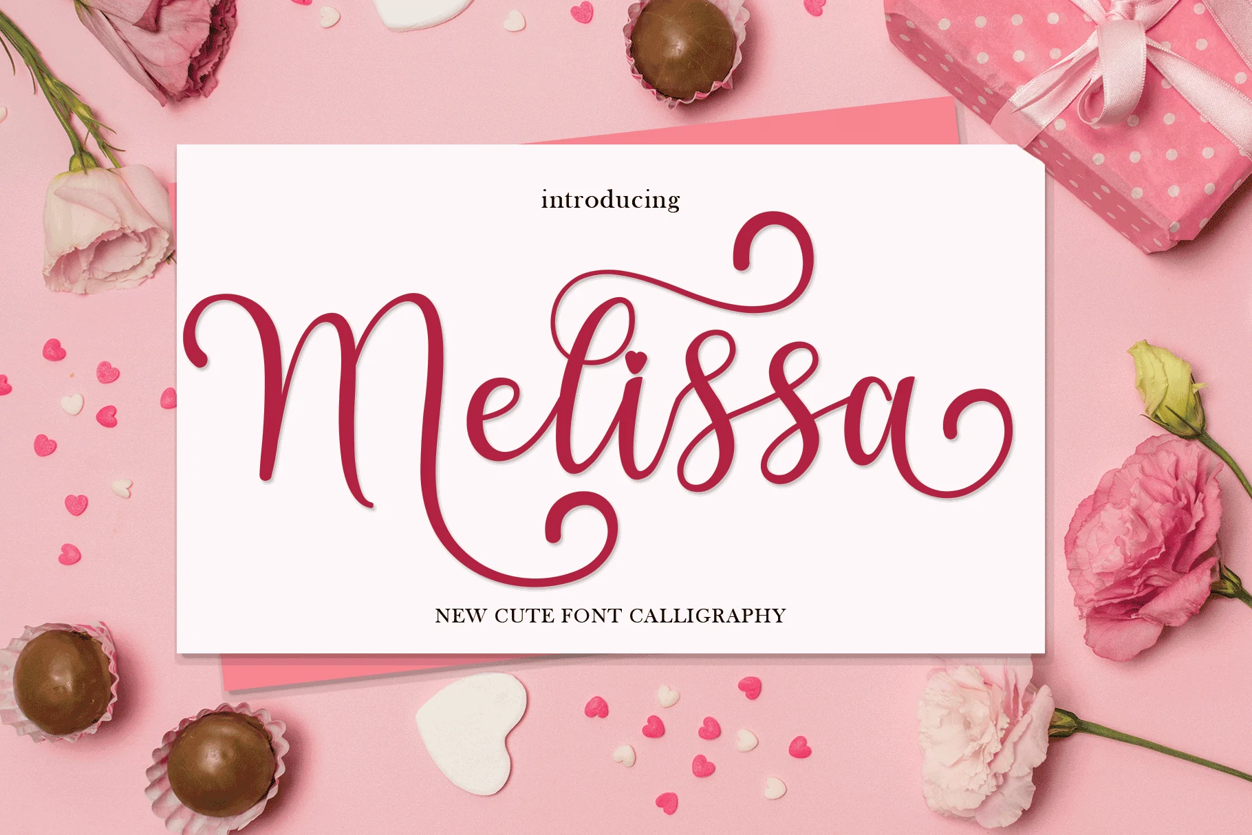 Melissa Font preview with pink handwritten calligraphy, long looping swashes, and a heart accent