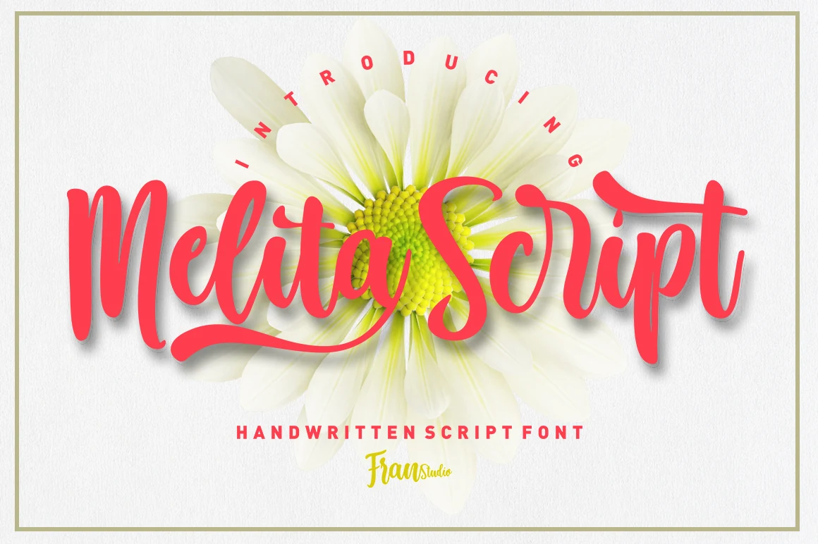 Melita Script Font preview in bold coral handwritten script with sweeping swashes