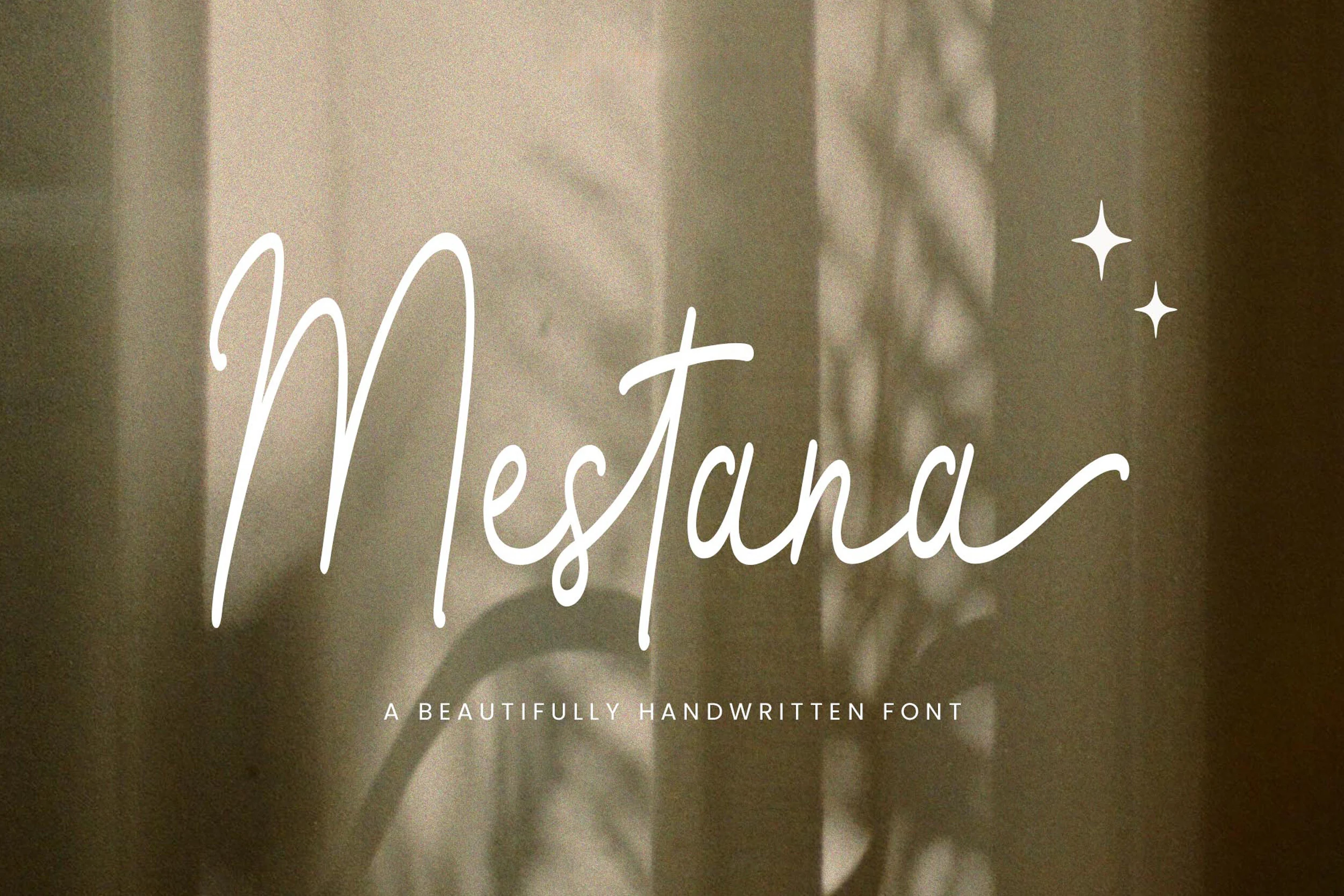 Mestana Font preview in soft white handwritten script with tall flowing strokes