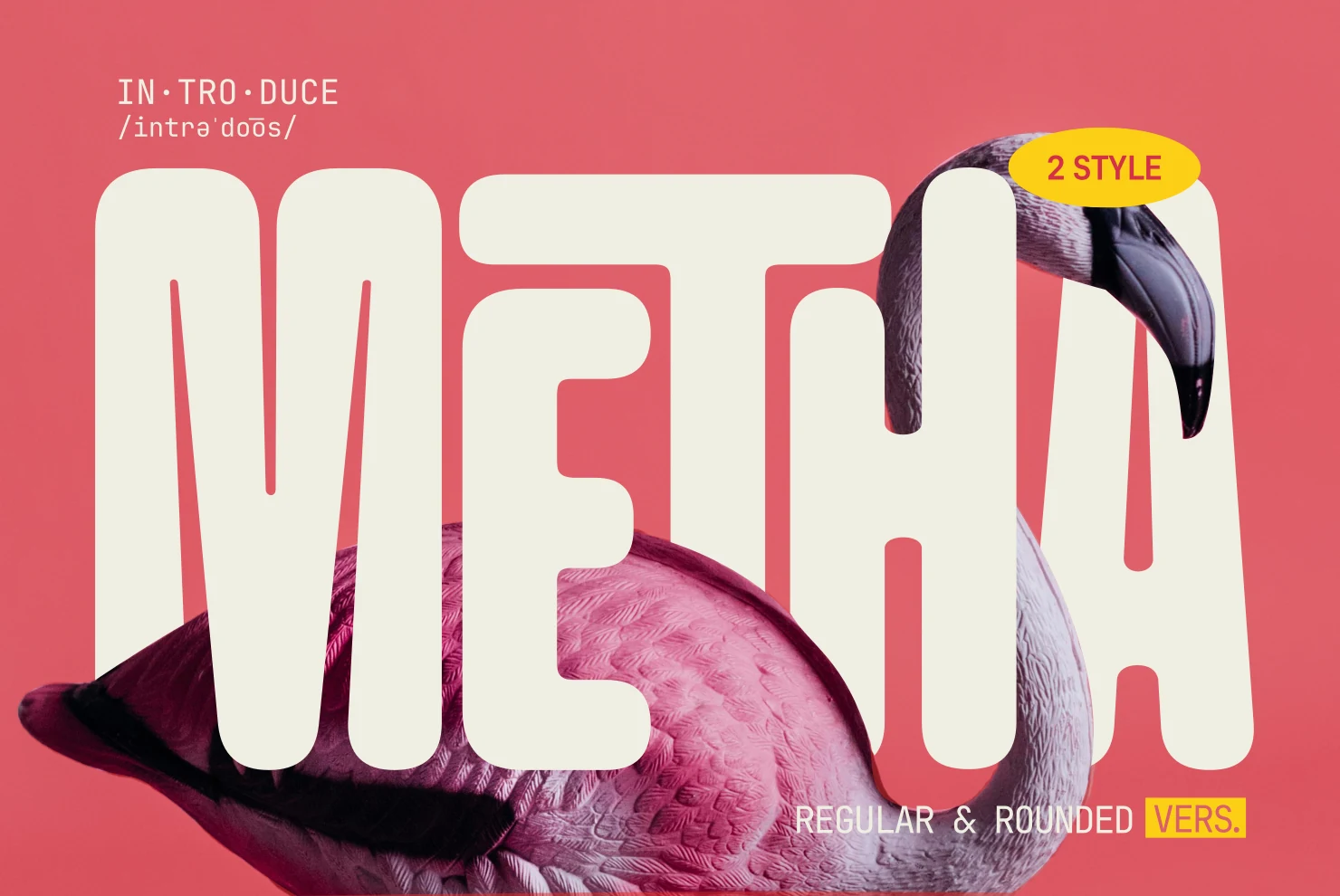 Metha Font preview with wide cream rounded sans serif lettering over a pink flamingo