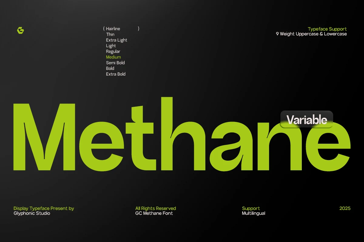 Methane Font preview with bold lime green geometric sans serif lettering