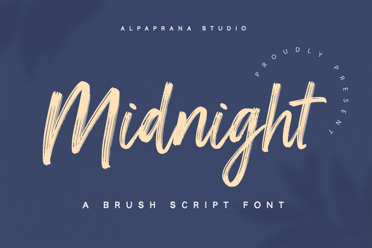 Midnight Font preview with cream brush-script lettering, textured strokes, and long looping forms