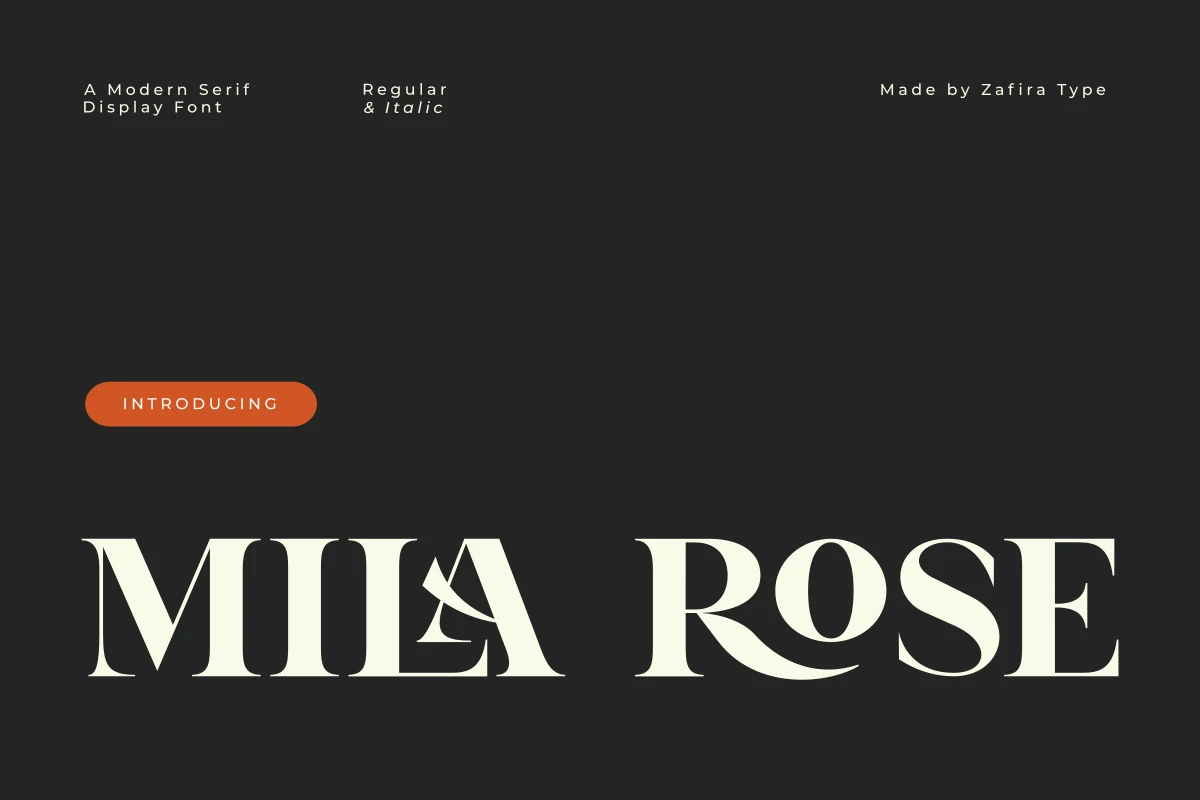 Milarose Regular Font preview in cream high-contrast serif lettering on a dark background