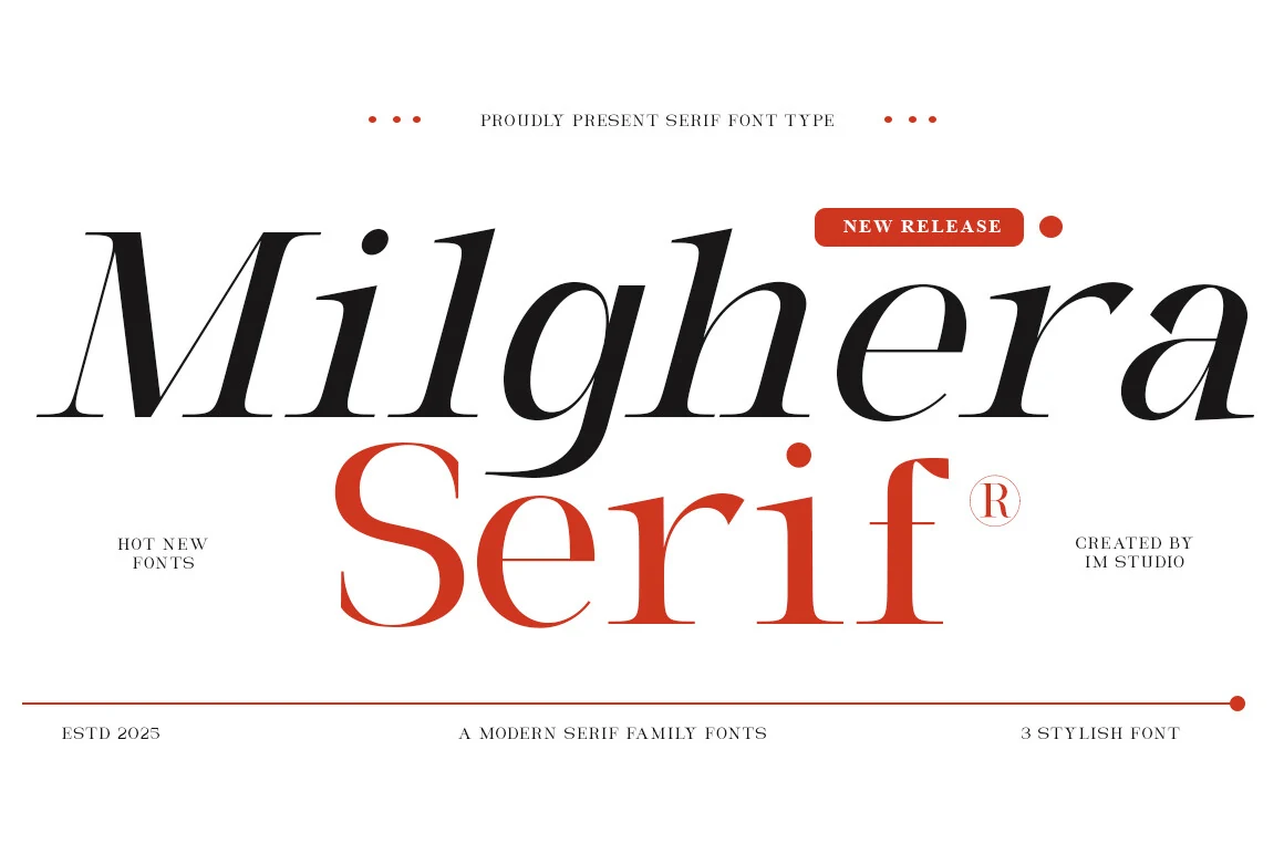Milghera Serif Font preview in high-contrast serif lettering with elegant italic curves and orange accent text