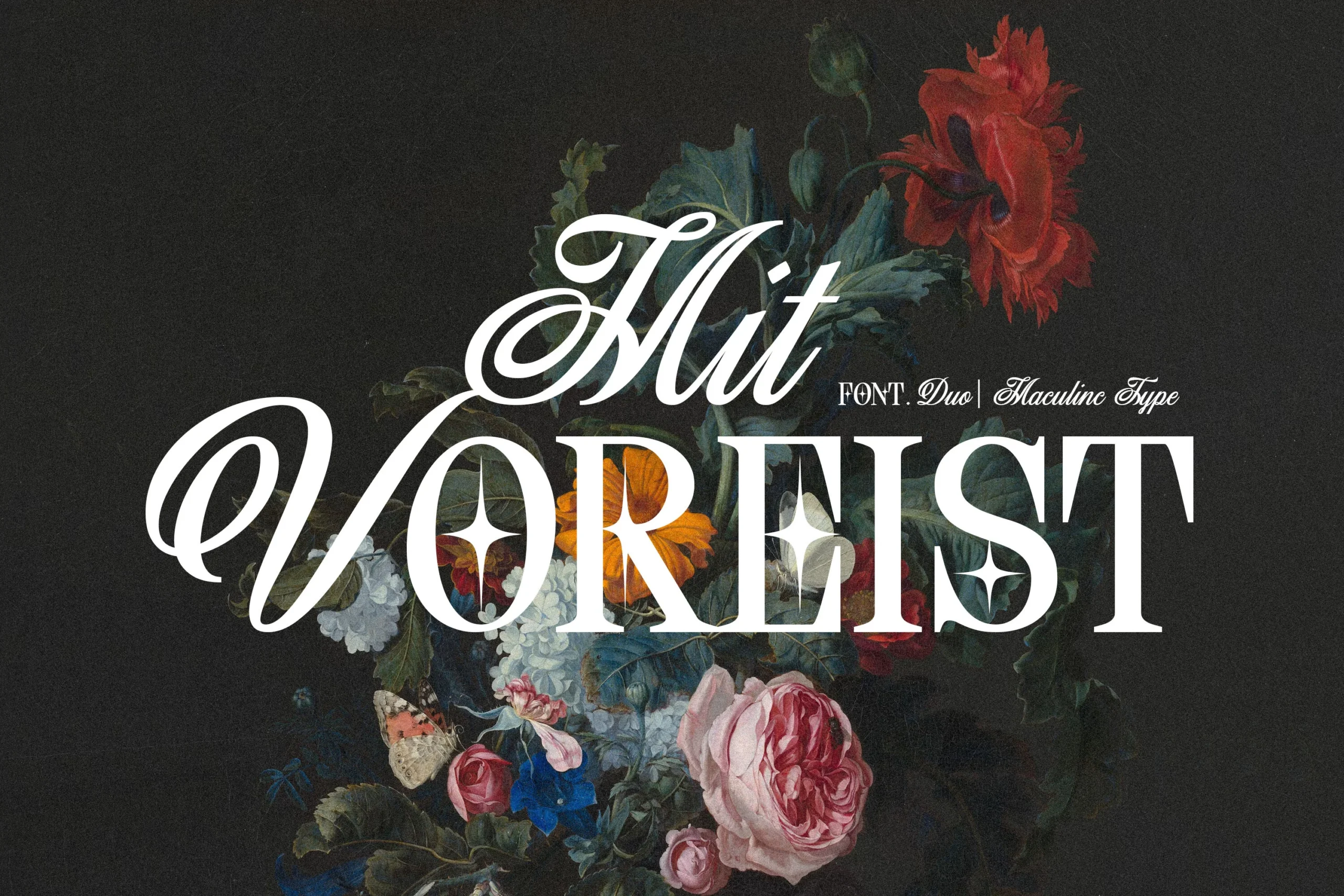 Mit Voreist Font preview with white ornate script and bold high-contrast serif lettering