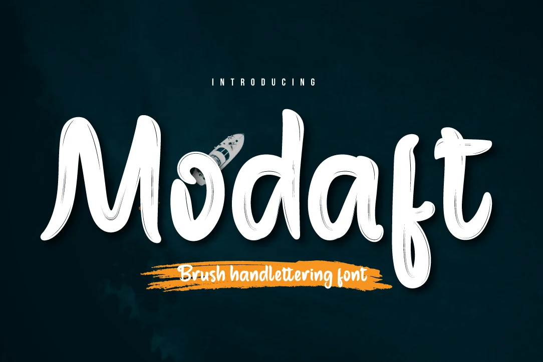 Modaft Font preview with bold white brush script lettering and dry-stroke texture
