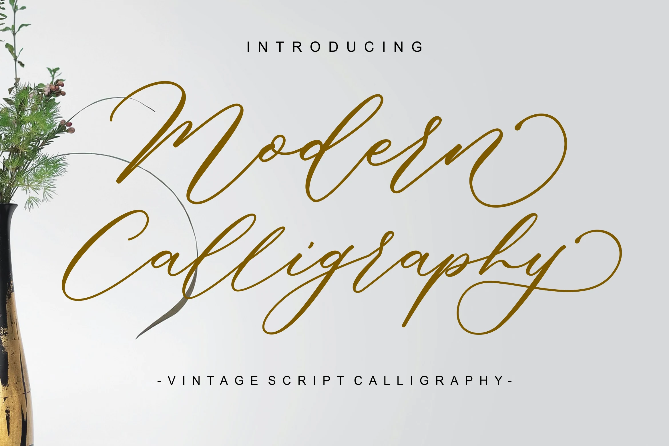 Modern Calligraphy Font preview with thin golden script lettering and long elegant swashes