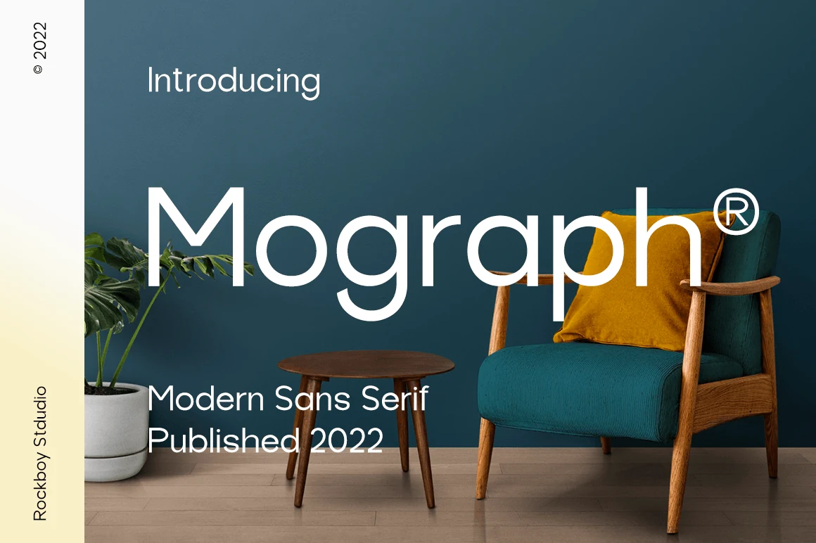 Mograph Font preview in clean rounded sans serif lettering with large white type