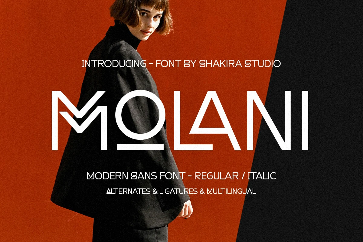 Molani Font preview in thin modern sans serif lettering with geometric lines for fashion branding