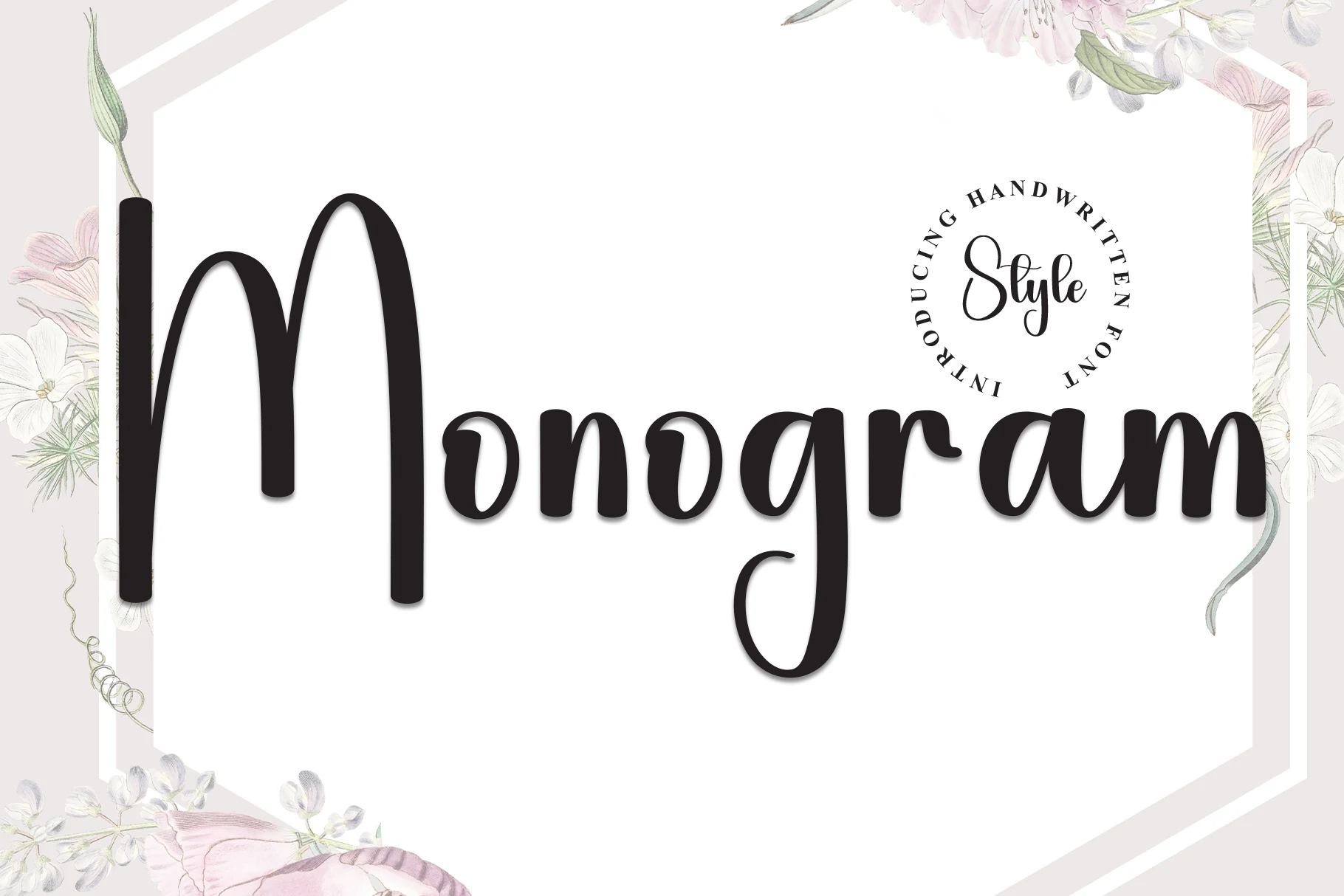 Monogram Font preview with a tall handwritten uppercase M and rounded smooth lowercase letters
