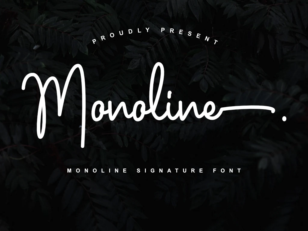 Monoline Font preview in thin white signature script with a long trailing flourish