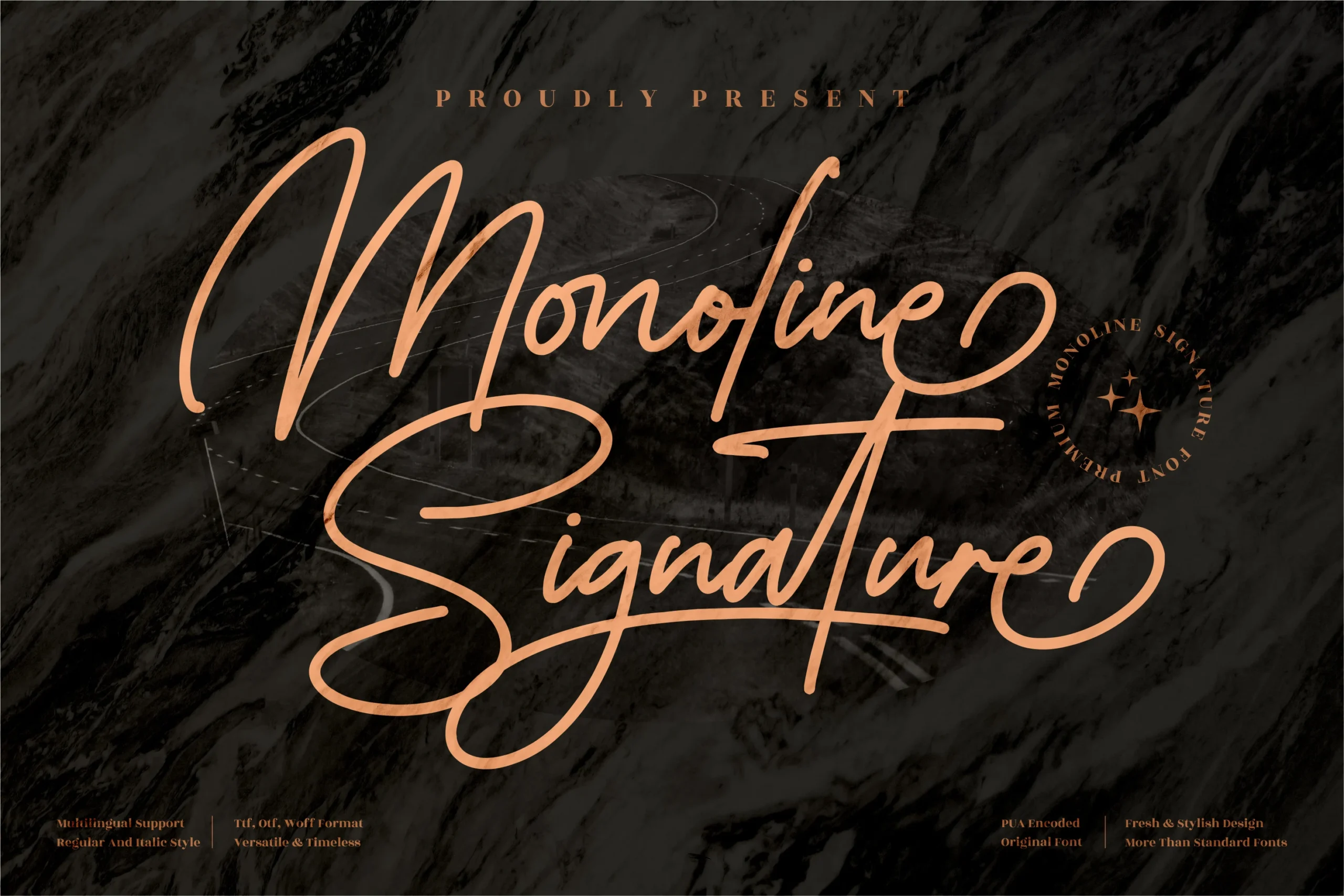Monoline Signature Font preview with peach monoline script, large looping swashes, and flowing handwritten letters