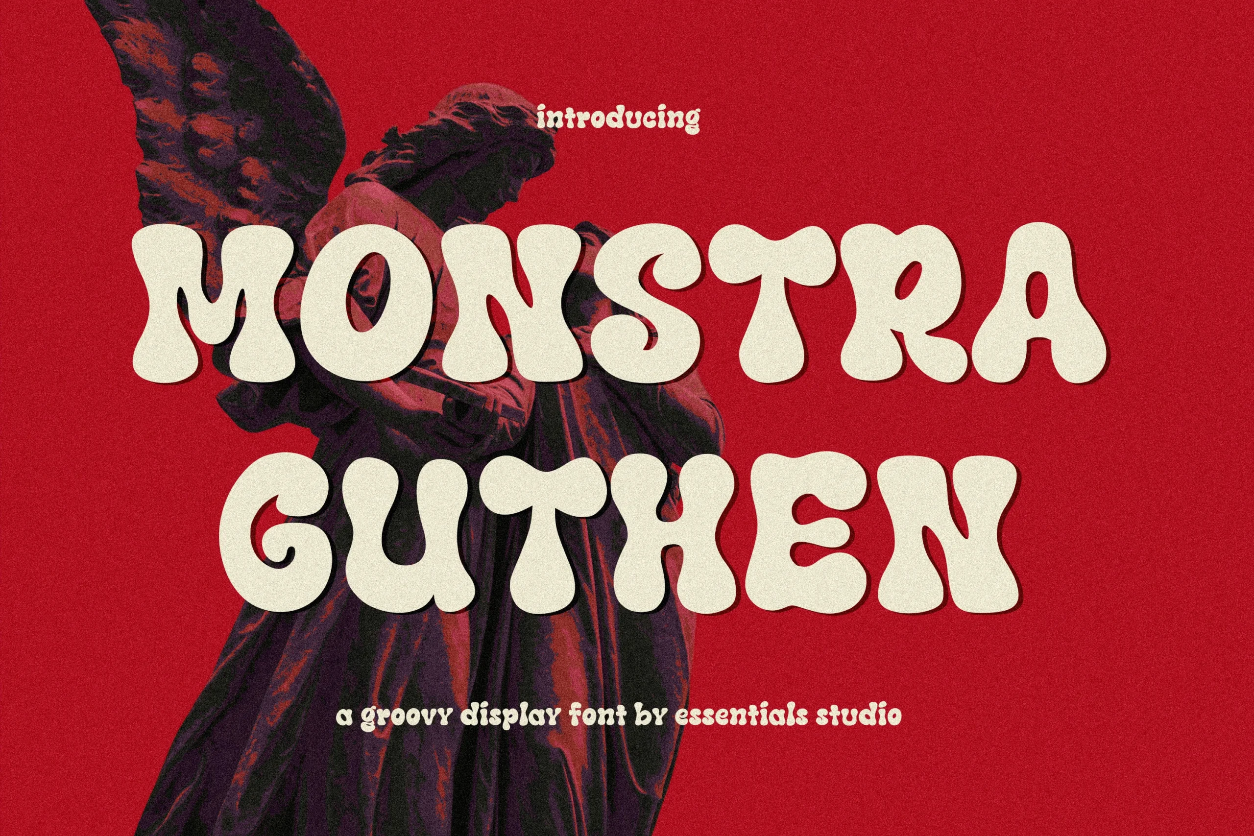 Monstra Guthen Font preview with cream chunky groovy lettering and rounded retro shapes