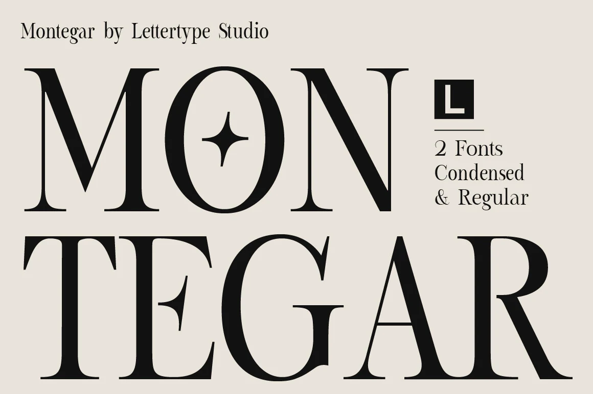 Montegar Font preview with bold high-contrast serif letters and refined editorial styling