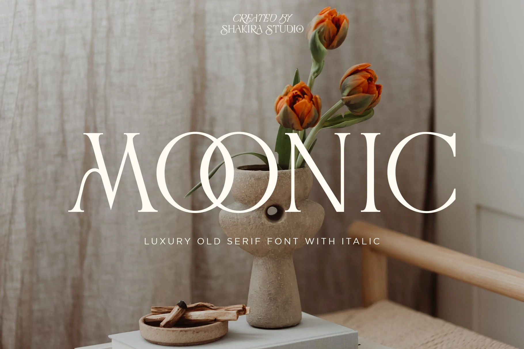 Moonic Font preview with large cream serif lettering and interlocking O forms over a vase of orange tulips