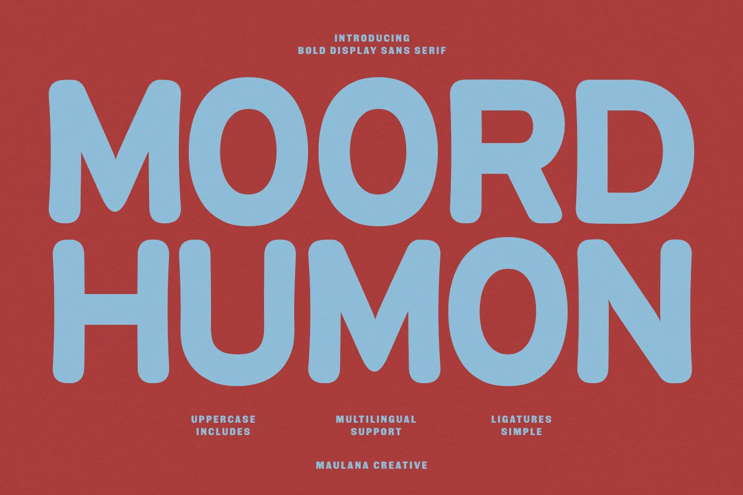 Moord Humon Font preview in chunky light blue rounded sans serif letters on a red background