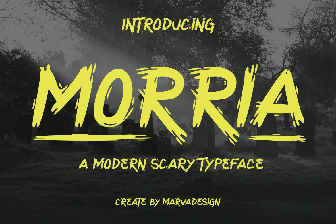 Morria Font preview with neon yellow rough brush lettering, jagged uppercase shapes, and scary display texture