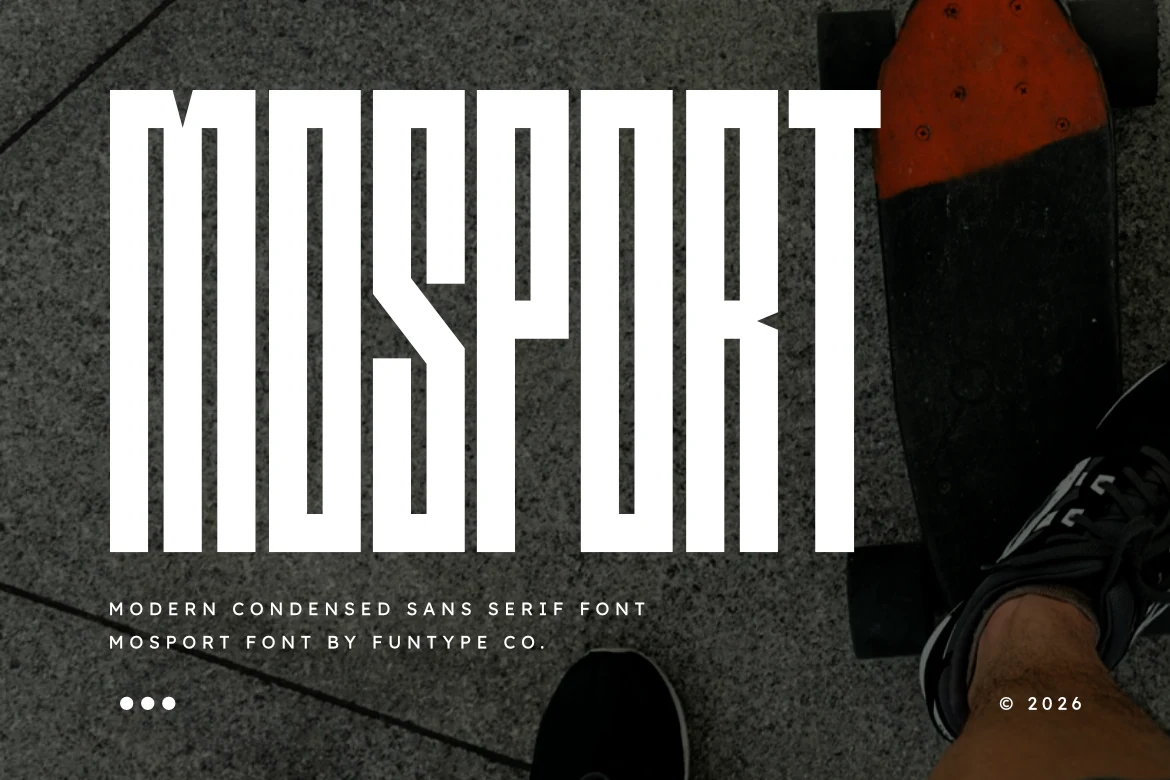 Mosport Font preview with tall white condensed sans serif lettering