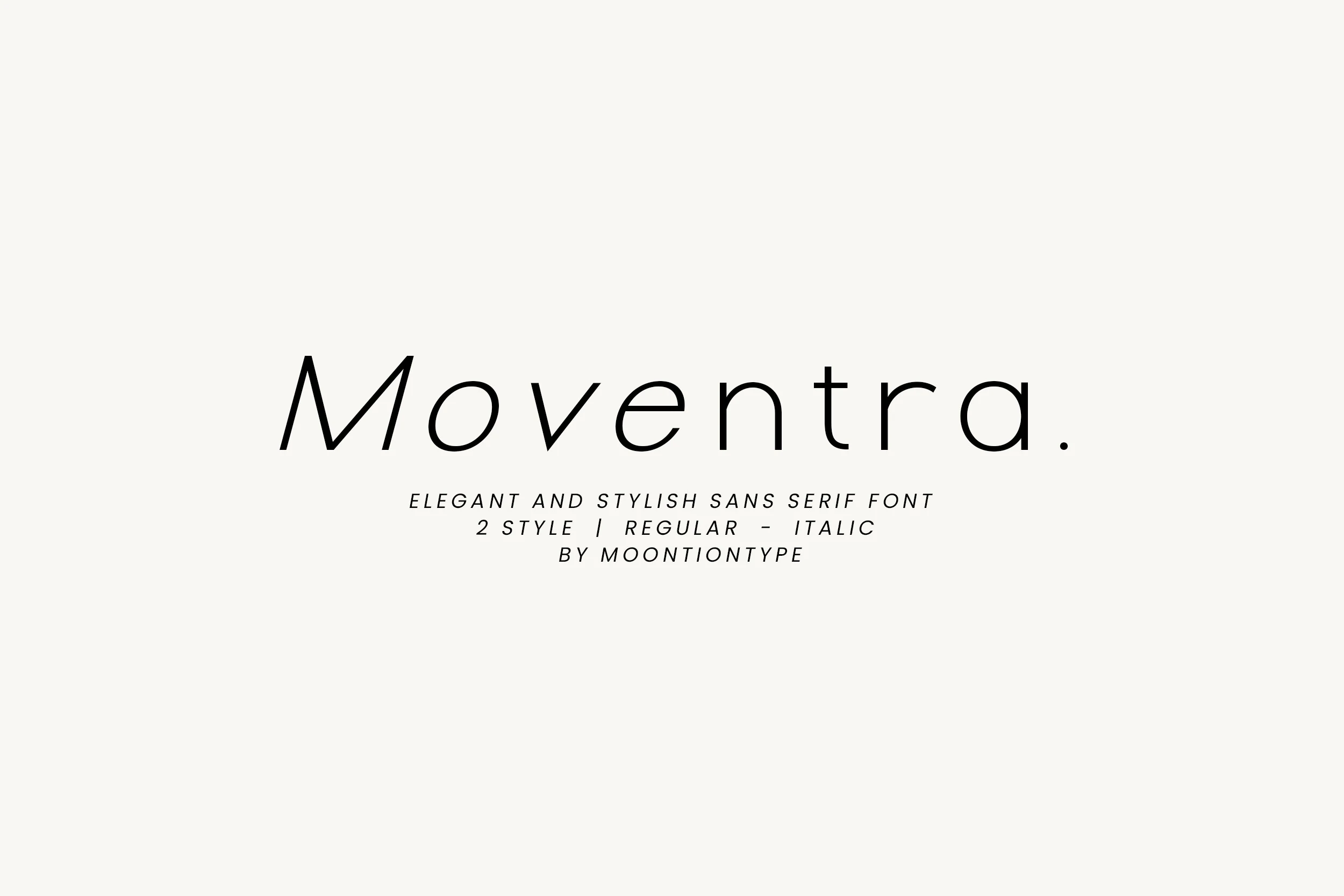 Moventra Font preview in a thin elegant sans serif with refined curves and light italic styling