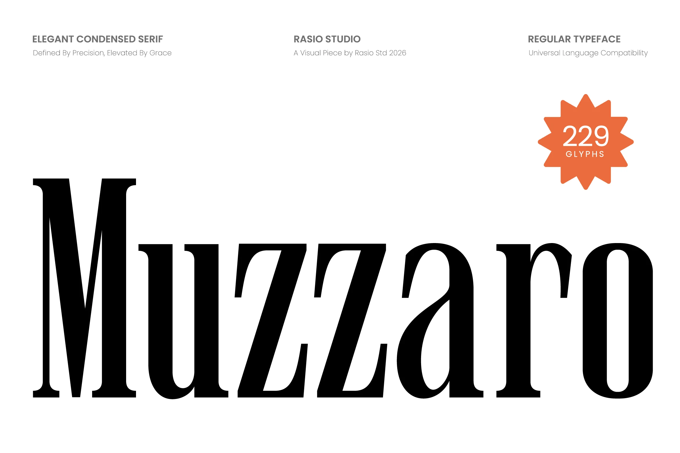 Muzzaro Font preview with tall black condensed serif lettering and high-contrast curves