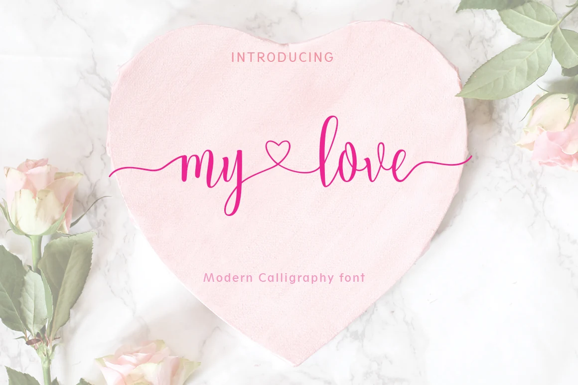 My Love Font preview with pink calligraphy script, a heart swash, and long flowing strokes