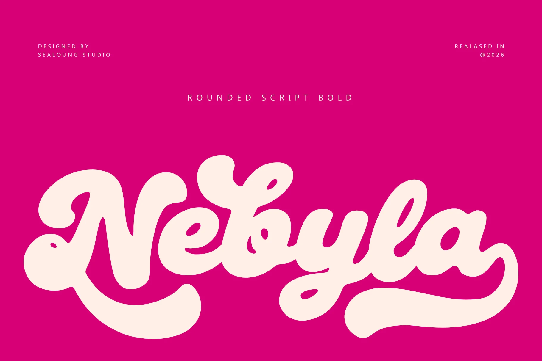 Nebyla Font preview with cream bold rounded script, thick curves, and sweeping swashes
