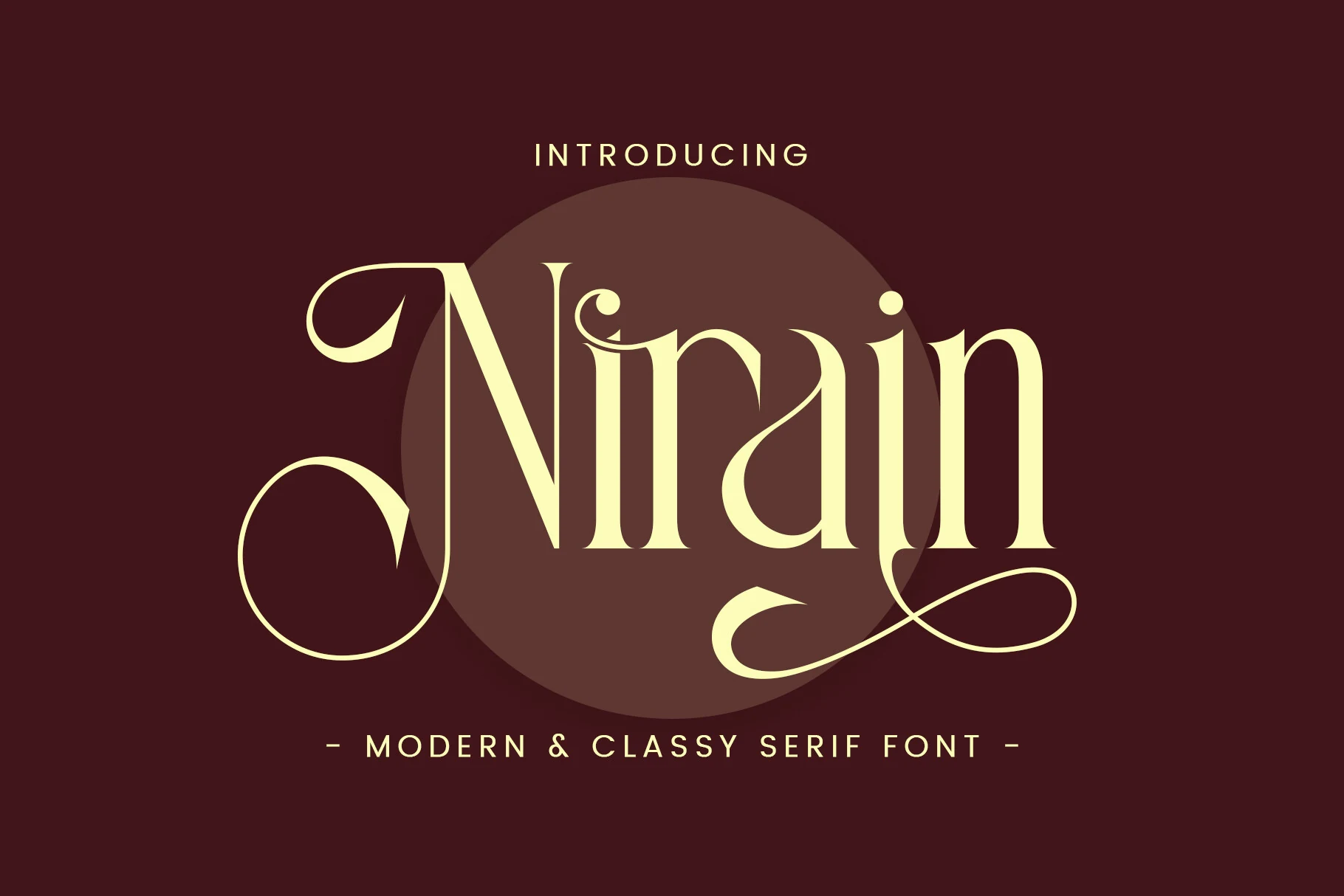 Nirain Font preview with high-contrast serif letters and looping swashes